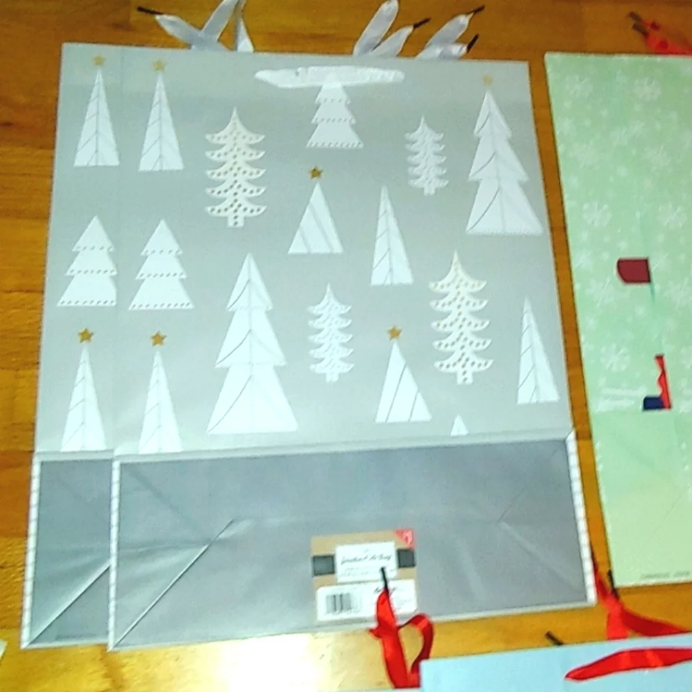 Bundle of 15 Jumbo Target Christmas Gift Bags Silver with White Fir Trees